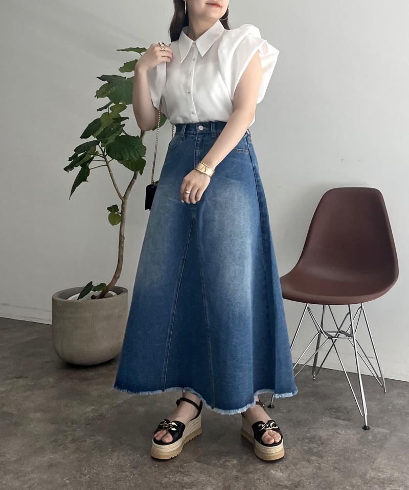 裾フリンジリメイク風デニムフレアスカート