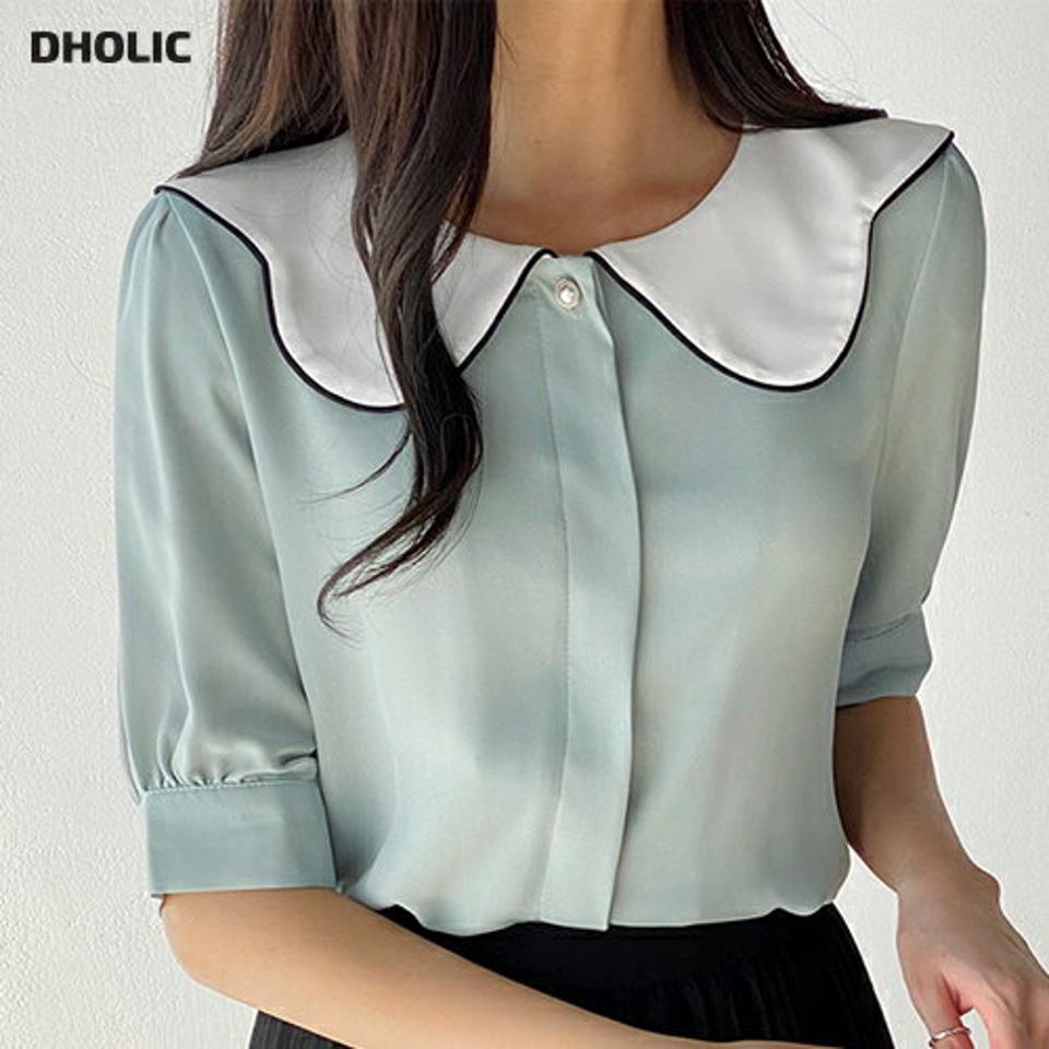 ≪人気商品再入荷≫コントラストビッグカラーブラウス・t01154 レディース 【bl】 韓国ファッション トップス ブラウス カラーネック 配色 コントラスト 半袖 ビッグカラー パール調ボタン 無地 パステル オフィスカジュアル ガーリー 春 夏 カジュアル