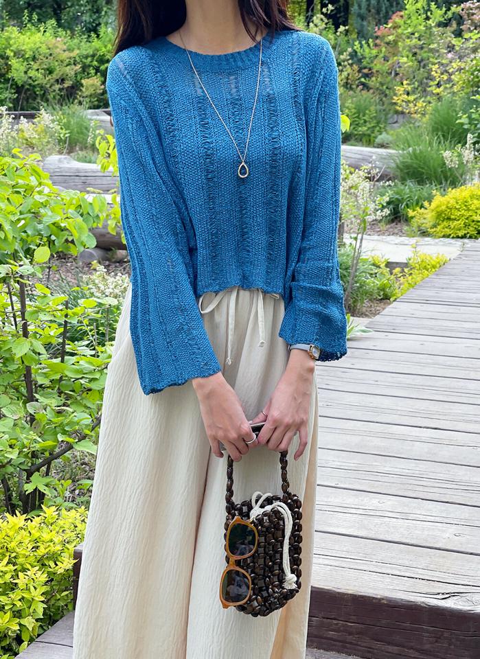 シアークロップドルーズニット・t01155 レディース 【tops】 韓国ファッション トップス ニット ラウンドネック 長袖 クロップド シアー 透け感 ルーズフィット オーバーフィット ラフ ストリート 大人 春 夏 カジュアル