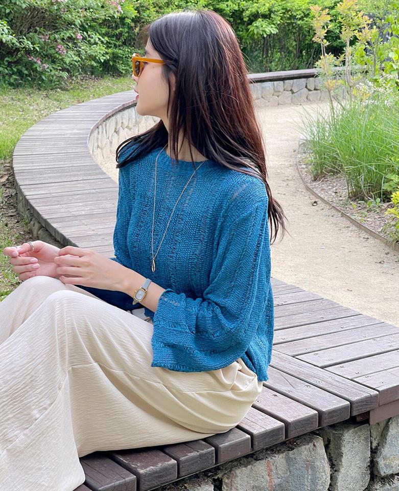 シアークロップドルーズニット・t01155 レディース 【tops】 韓国ファッション トップス ニット ラウンドネック 長袖 クロップド シアー 透け感 ルーズフィット オーバーフィット ラフ ストリート 大人 春 夏 カジュアル