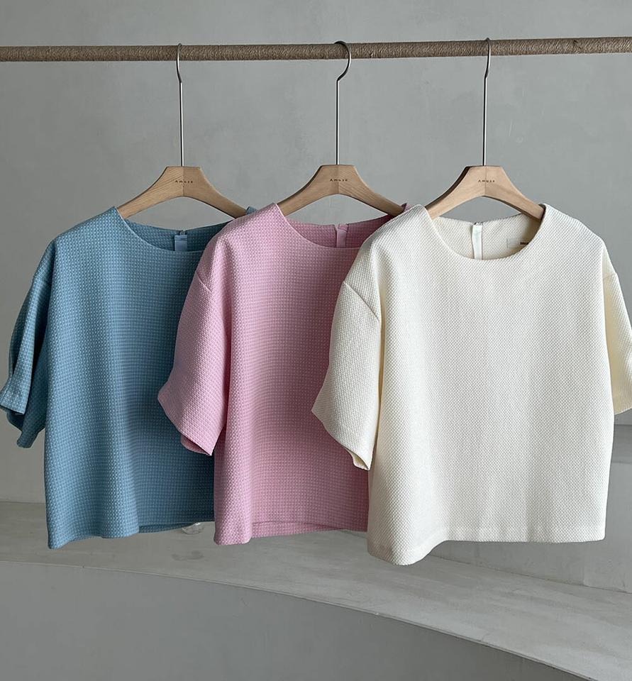 ツイードラウンドブラウス・p005311 レディース 【bl】 韓国ファッション トップス ブラウス ラウンドネック 半袖 ドロップショルダー 股丈 ツイード ルーズフィット テクスチャー 無地 パステル シンプル 春 夏 カジュアル MKT