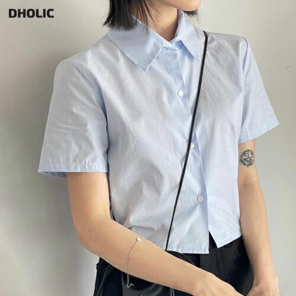 バックゴムクロップドシャツ・p005190 レディース 【bl】 韓国ファッション トップス シャツ カラーネック 半袖 クロップド ショート丈 フロントボタン バックゴム コットン 綿100 無地 パステル デイリー キュート 春 夏 カジュアル MKT