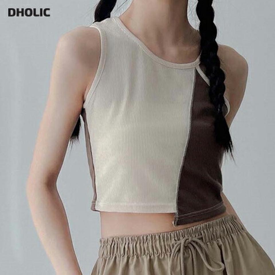 バイカラーノースリーブ・p004886 レディース 【tops】 韓国ファッション トップス ノースリーブ ラウンドネック クロップド ショート丈 バイカラー 配色 アンバランス スリムフィット 無地 ユニーク ストリート 春 夏 カジュアル MKT