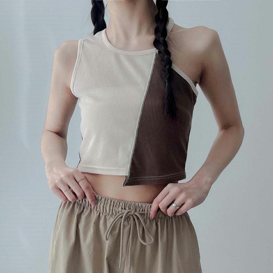 バイカラーノースリーブ・p004886 レディース 【tops】 韓国ファッション トップス ノースリーブ ラウンドネック クロップド ショート丈 バイカラー 配色 アンバランス スリムフィット 無地 ユニーク ストリート 春 夏 カジュアル MKT