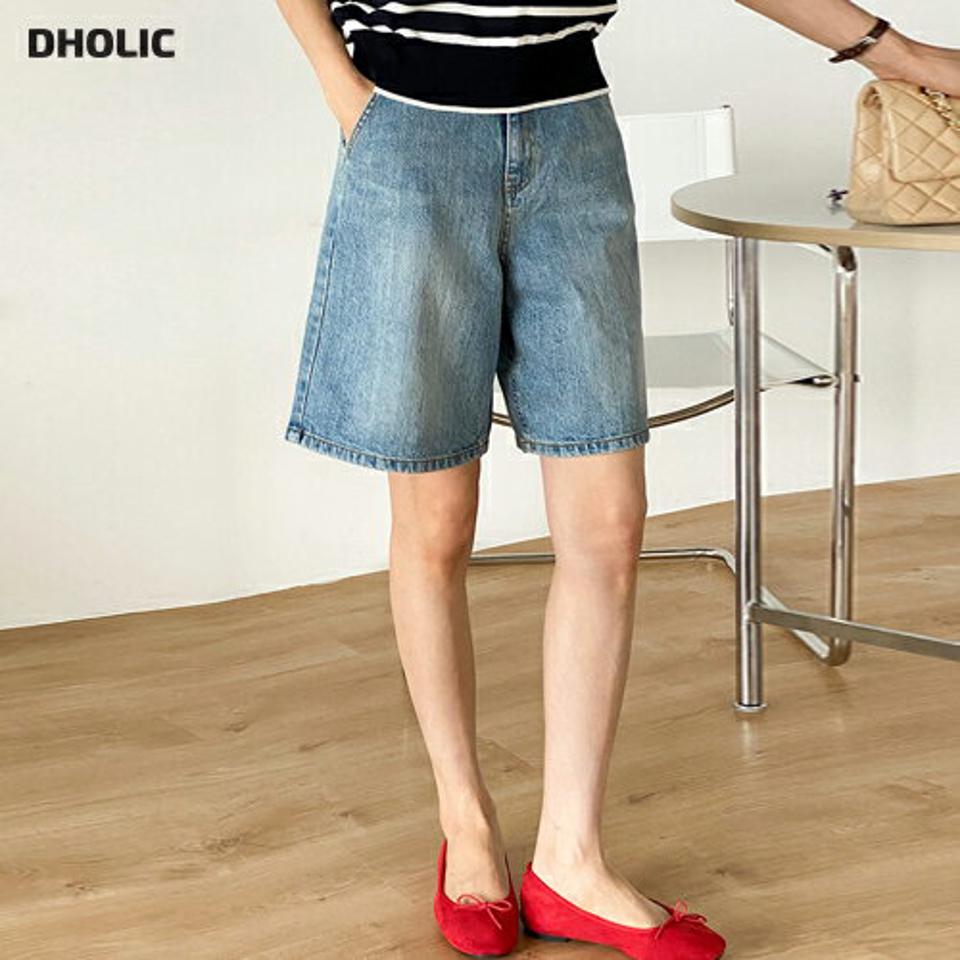 ハーフデニムパンツ・t72298 レディース 【pt】 韓国ファッション ボトムス パンツ デニムパンツ ハーフ丈 デニム ハイウエスト ウォッシュ ワイド ストレート コットン 綿100 シンプル レトロ デイリー 春 夏 カジュアル