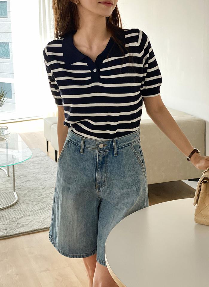 ハーフデニムパンツ・t72298 レディース 【pt】 韓国ファッション ボトムス パンツ デニムパンツ ハーフ丈 デニム ハイウエスト ウォッシュ ワイド ストレート コットン 綿100 シンプル レトロ デイリー 春 夏 カジュアル