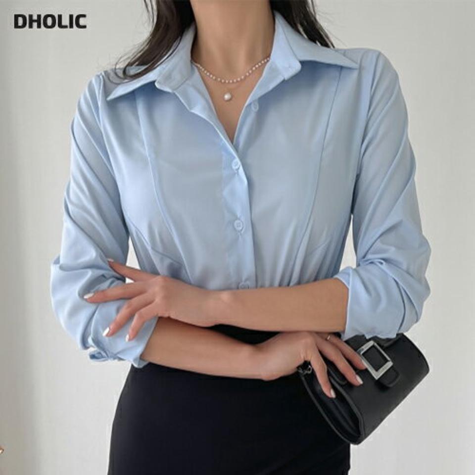 カーブラインラウンドヘムシャツ・p005416 レディース 【bl】 韓国ファッション トップス シャツ カラーネック 長袖 ショート丈 カーブライン ラウンドヘム スリムフィット 無地 オフィスカジュアル 大人 シンプル 春 夏 秋 カジュアル MKT