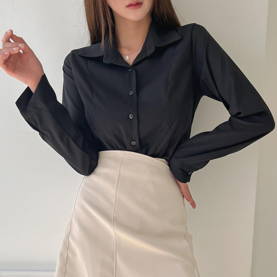 カーブラインラウンドヘムシャツ・p005416 レディース 【bl】 韓国ファッション トップス シャツ カラーネック 長袖 ショート丈 カーブライン ラウンドヘム スリムフィット 無地 オフィスカジュアル 大人 シンプル 春 夏 秋 カジュアル MKT