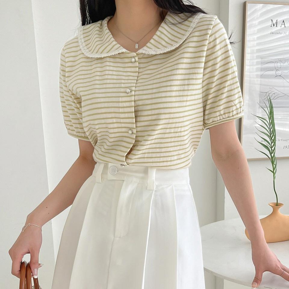 レースカラーボーダーボタンTシャツ・p005274 レディース 【tops】 韓国ファッション トップス Tシャツ カラーネック 半袖 ショート丈 レースカラー ボーダー フロントボタン ナチュラルライン コットン キュート デイリー 春 夏 カジュアル MKT