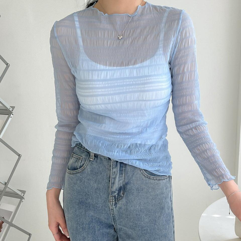 リンクルシアーメロウTシャツ・p005275 レディース 【tops】 韓国ファッション トップス Tシャツ ハイネック 長袖 ショート丈 リンクル テクスチャー メロウヘム スリムフィット 細身 シアー 透け感 パステル ガーリー 春 夏 カジュアル MKT