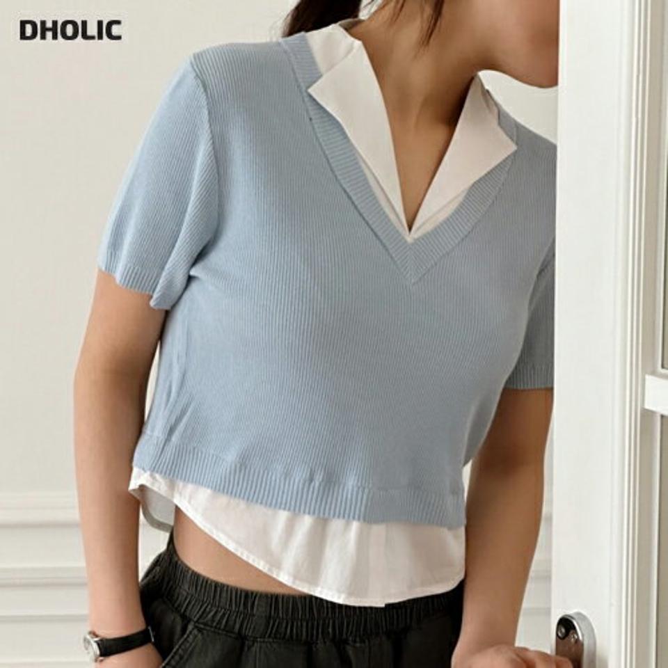 シャツレイヤード調半袖ニット・p005393 レディース 【tops】 韓国ファッション トップス ニット シャツ スリットネック レイヤード調 リブニット Vネック クロップド ナチュラルライン 無地 パステル お出かけ 春 夏 カジュアル MKT