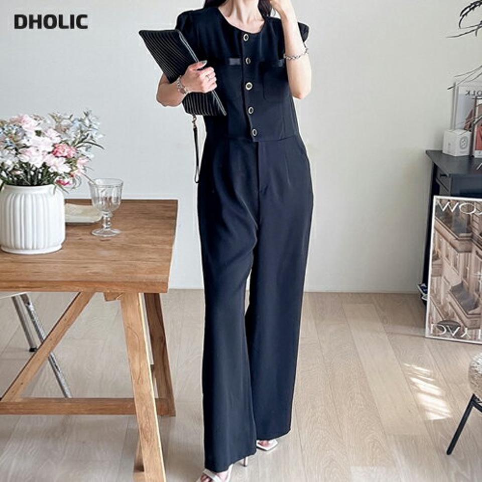 フレームボタンオールインワン・p005038 レディース 【pt】 韓国ファッション オールインワン パンツ ロング丈 フルレングス ラウンドネック 半袖 パフスリーブ フレームボタン ワイド 無地 モード 上品 春 夏 カジュアル MKT