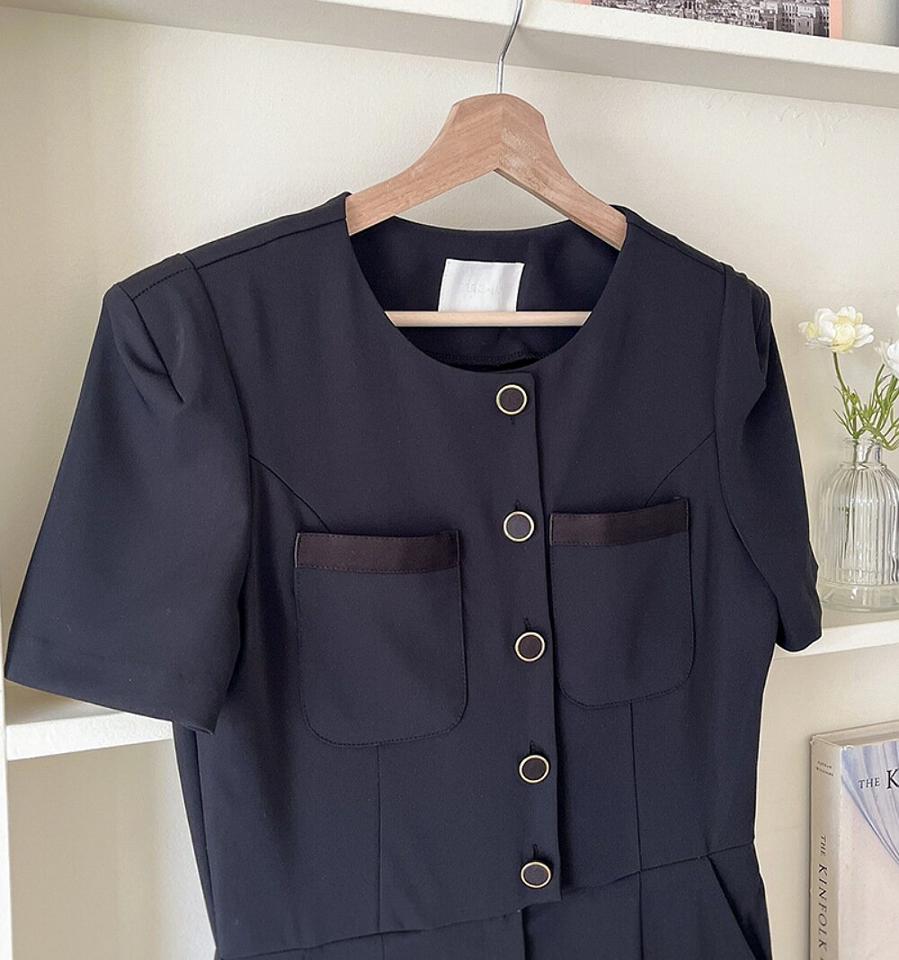 フレームボタンオールインワン・p005038 レディース 【pt】 韓国ファッション オールインワン パンツ ロング丈 フルレングス ラウンドネック 半袖 パフスリーブ フレームボタン ワイド 無地 モード 上品 春 夏 カジュアル MKT