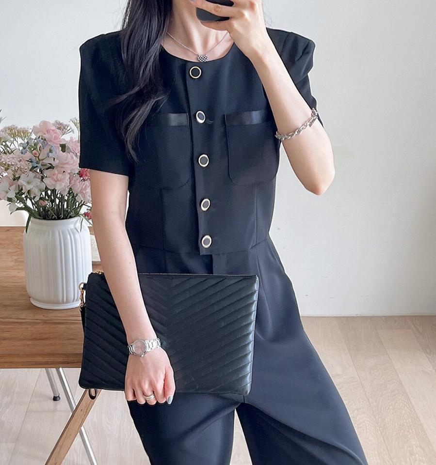 フレームボタンオールインワン・p005038 レディース 【pt】 韓国ファッション オールインワン パンツ ロング丈 フルレングス ラウンドネック 半袖 パフスリーブ フレームボタン ワイド 無地 モード 上品 春 夏 カジュアル MKT