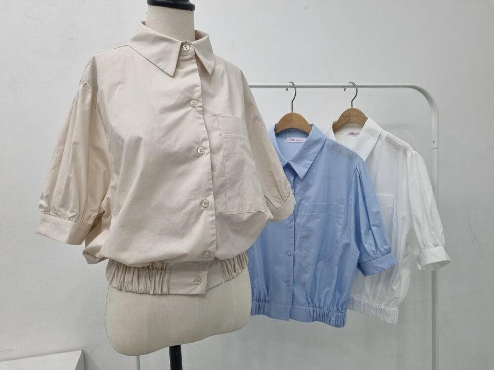 【マラソン特価】ゴムヘムポケットシャツ・p005285 レディース 【bl】 韓国ファッション トップス シャツ カラーネック 半袖 パフスリーブ ショート丈 ゴムヘム ワンポケット ボリューム コットン 綿100 無地 ガーリー 春 夏 カジュアル MKT