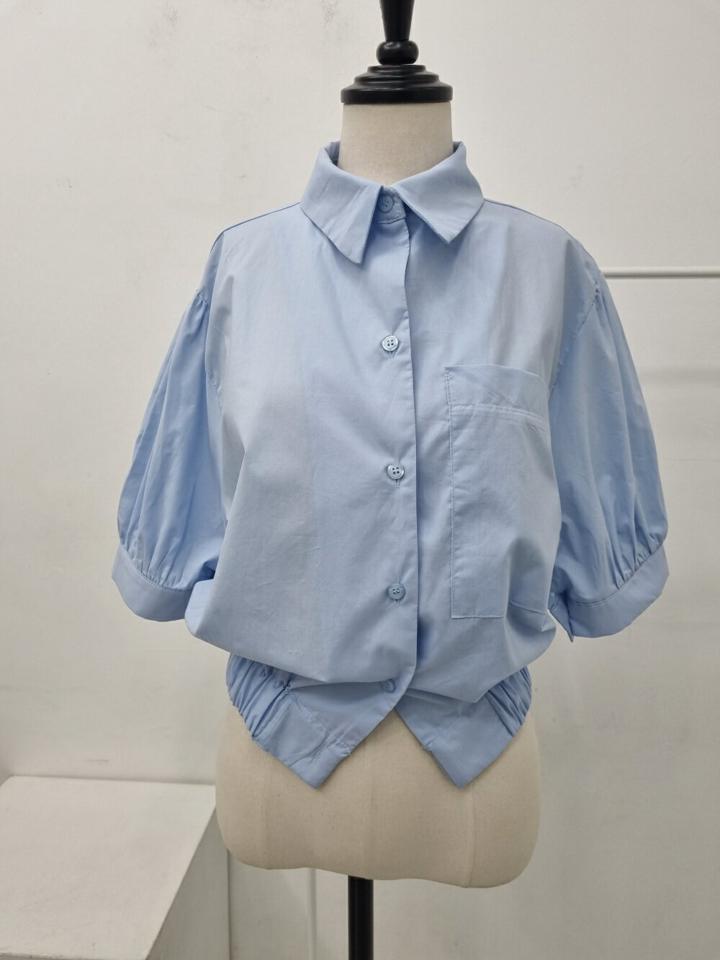 【マラソン特価】ゴムヘムポケットシャツ・p005285 レディース 【bl】 韓国ファッション トップス シャツ カラーネック 半袖 パフスリーブ ショート丈 ゴムヘム ワンポケット ボリューム コットン 綿100 無地 ガーリー 春 夏 カジュアル MKT