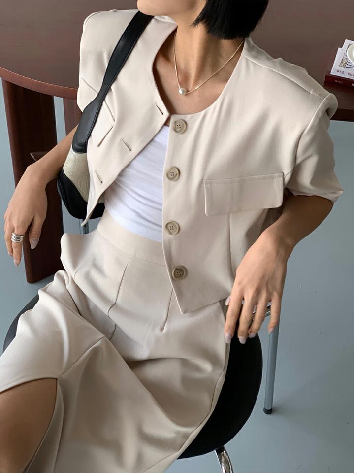 フラップジャケット&スリットスカートSET・p005386 レディース 【sk】 韓国ファッション セットアップ ジャケット ラウンドネック 半袖 クロップド フラップポケット スカート ミディ丈 スリット Iライン モード 大人 春 夏 カジュアル MKT