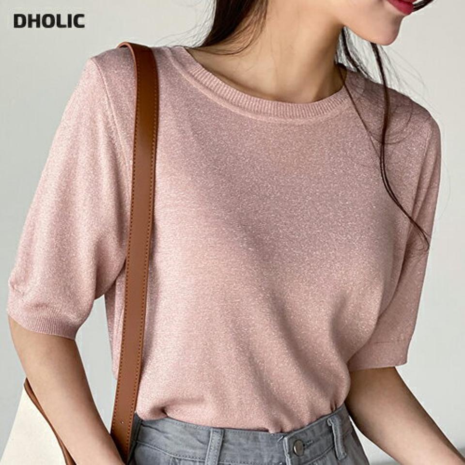 ラウンドグリッター半袖ニット・t00722 レディース 【tops】 韓国ファッション トップス ニット ラウンドネック 半袖 ショート丈 リブヘム グリッター 光沢 ナチュラルライン 無地 ガーリー デイリー サマーニット 春 夏 カジュアル