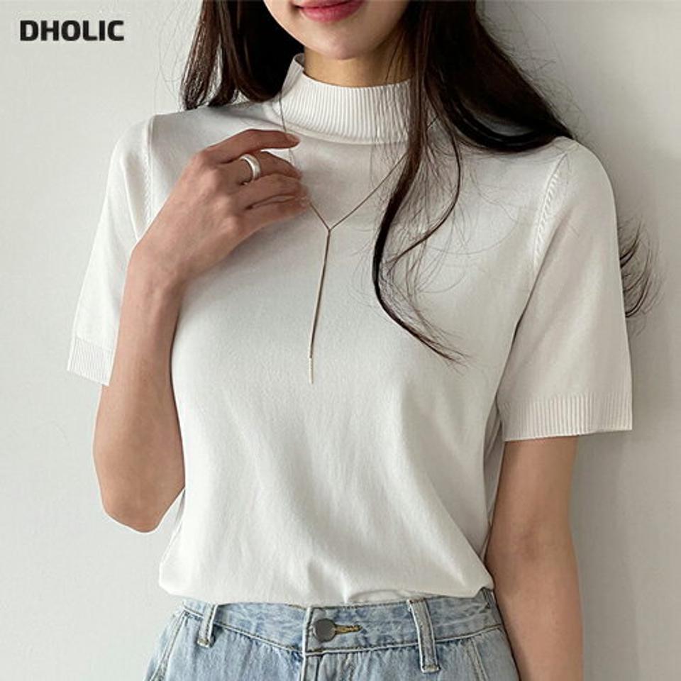 ハーフネックスリット半袖ニット・t00724 レディース 【tops】 韓国ファッション トップス ニット ハーフネック 半袖 ショート丈 リブヘム スリット ナチュラルライン 薄手 サマーニット 無地 シンプル カラバリ デイリー 春 夏 カジュアル
