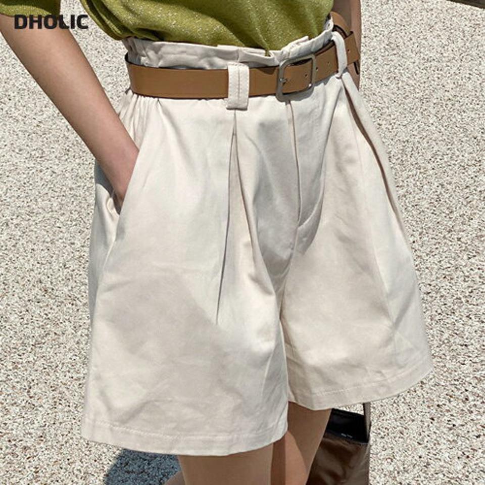 ベルト付タックショートパンツ・r00741 レディース 【pt】 韓国ファッション ボトムス パンツ ショート丈 ハイウエスト ベルト付 タック ポケット ワイド ルーズフィット コットン 無地 シンプル デイリー 春 夏 カジュアル