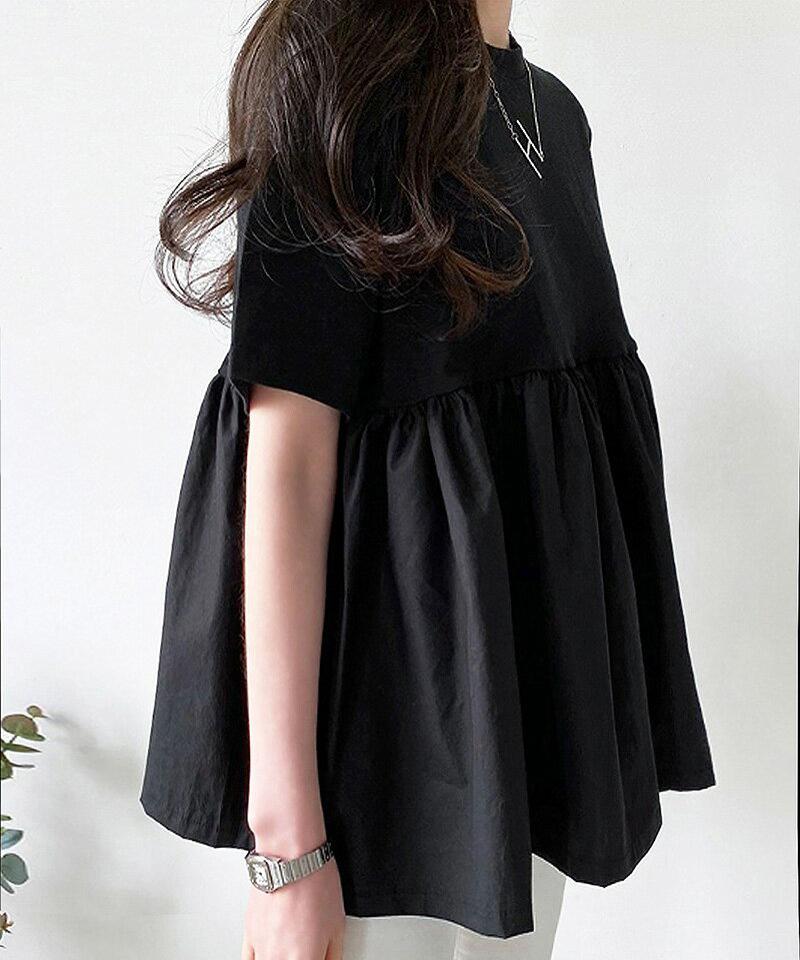 【4DAY限定SALE】ドッキングペプラム半袖ブラウス・p005353 レディース 【bl】 韓国ファッション トップス ブラウス ラウンドネック 半袖 股丈 ペプラム ドッキング ギャザー フレアヘム ボリューム コットン 無地 ガーリー キュート 春 夏 カジュアル MKT