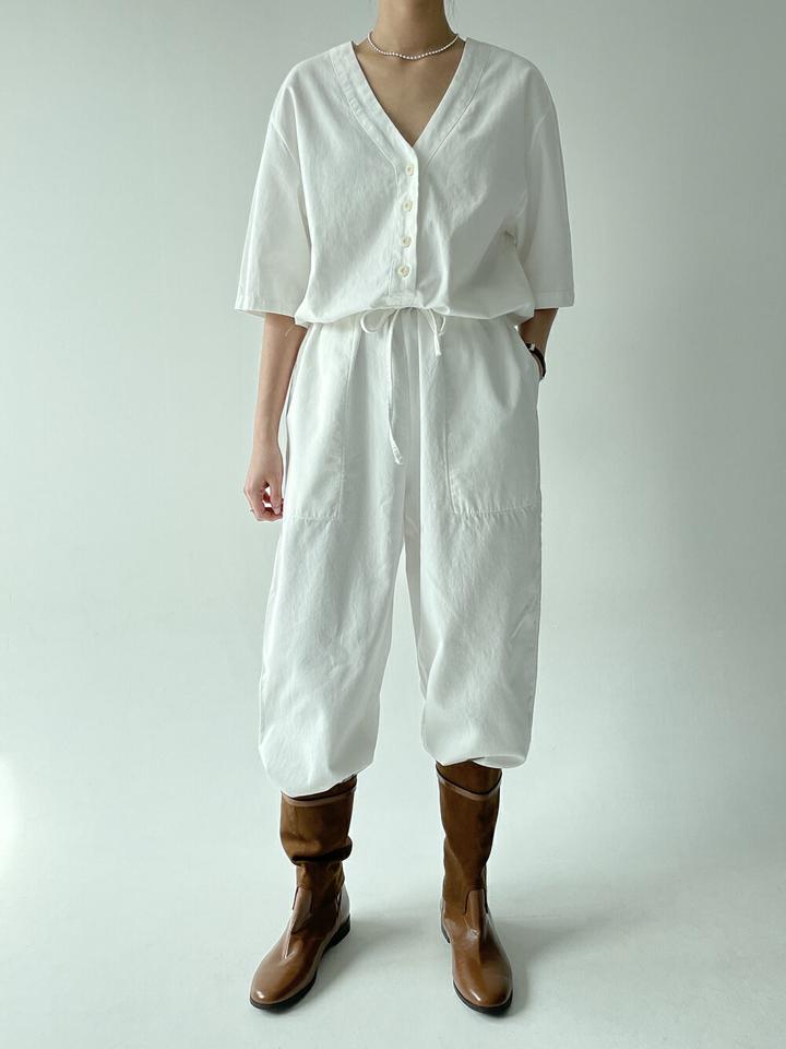 ドロストVネックオールインワン・p005335 レディース 【pt】 韓国ファッション オールインワン ロング丈 パンツ Vネック 半袖 フルレングス ドロスト デニム ワイド ルーズフィット ボタン コットン 無地 大人カジュアル 春 夏 カジュアル MKT
