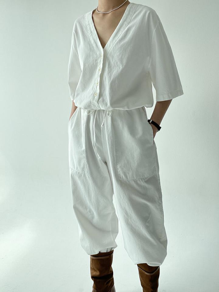 ドロストVネックオールインワン・p005335 レディース 【pt】 韓国ファッション オールインワン ロング丈 パンツ Vネック 半袖 フルレングス ドロスト デニム ワイド ルーズフィット ボタン コットン 無地 大人カジュアル 春 夏 カジュアル MKT