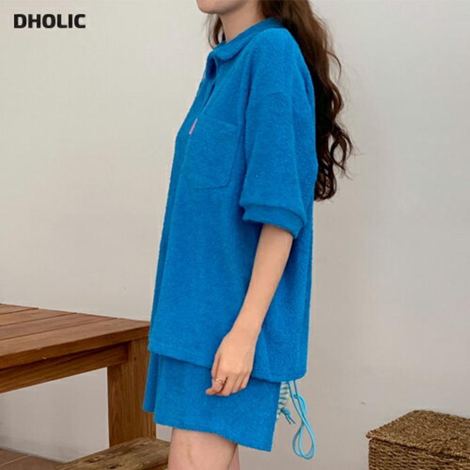 配色タグパイルポロシャツ&ハーフパンツSET・p005309 レディース 【pt】 韓国ファッション セットアップ シャツ ポロシャツ 半袖 ミドル丈 ルーズフィット 配色タグ パイル パンんツ ハーフ丈 ワイド 無地 スポーツ カラフル 春 夏 カジュアル MKT