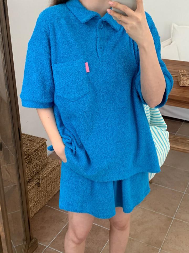 配色タグパイルポロシャツ&ハーフパンツSET・p005309 レディース 【pt】 韓国ファッション セットアップ シャツ ポロシャツ 半袖 ミドル丈 ルーズフィット 配色タグ パイル パンんツ ハーフ丈 ワイド 無地 スポーツ カラフル 春 夏 カジュアル MKT