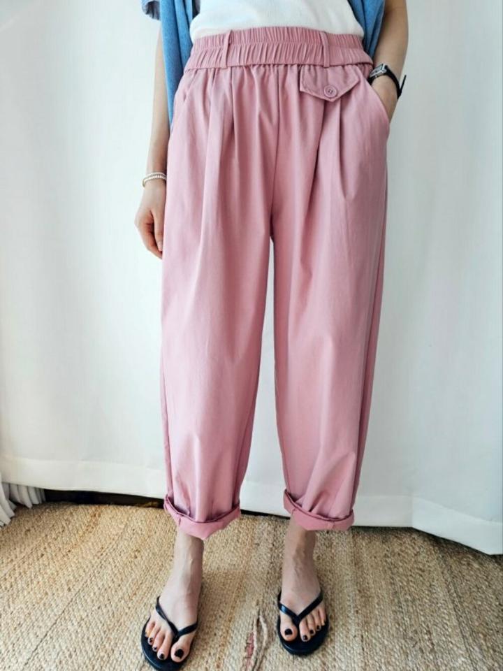 フラップイージーテーパードパンツ・p005101 レディース 【pt】 韓国ファッション ボトムス パンツ ロング丈 ハイウエスト イージー テーパード フラップポケット タック ストレート 無地 パステル シンプル デイリー 春 夏 カジュアル MKT