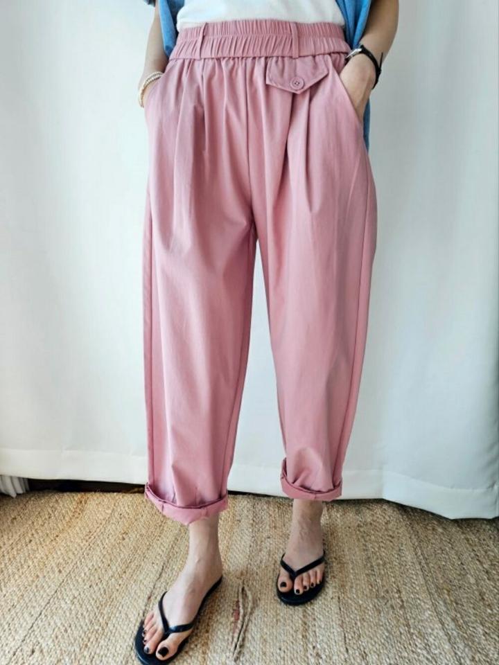 フラップイージーテーパードパンツ・p005101 レディース 【pt】 韓国ファッション ボトムス パンツ ロング丈 ハイウエスト イージー テーパード フラップポケット タック ストレート 無地 パステル シンプル デイリー 春 夏 カジュアル MKT