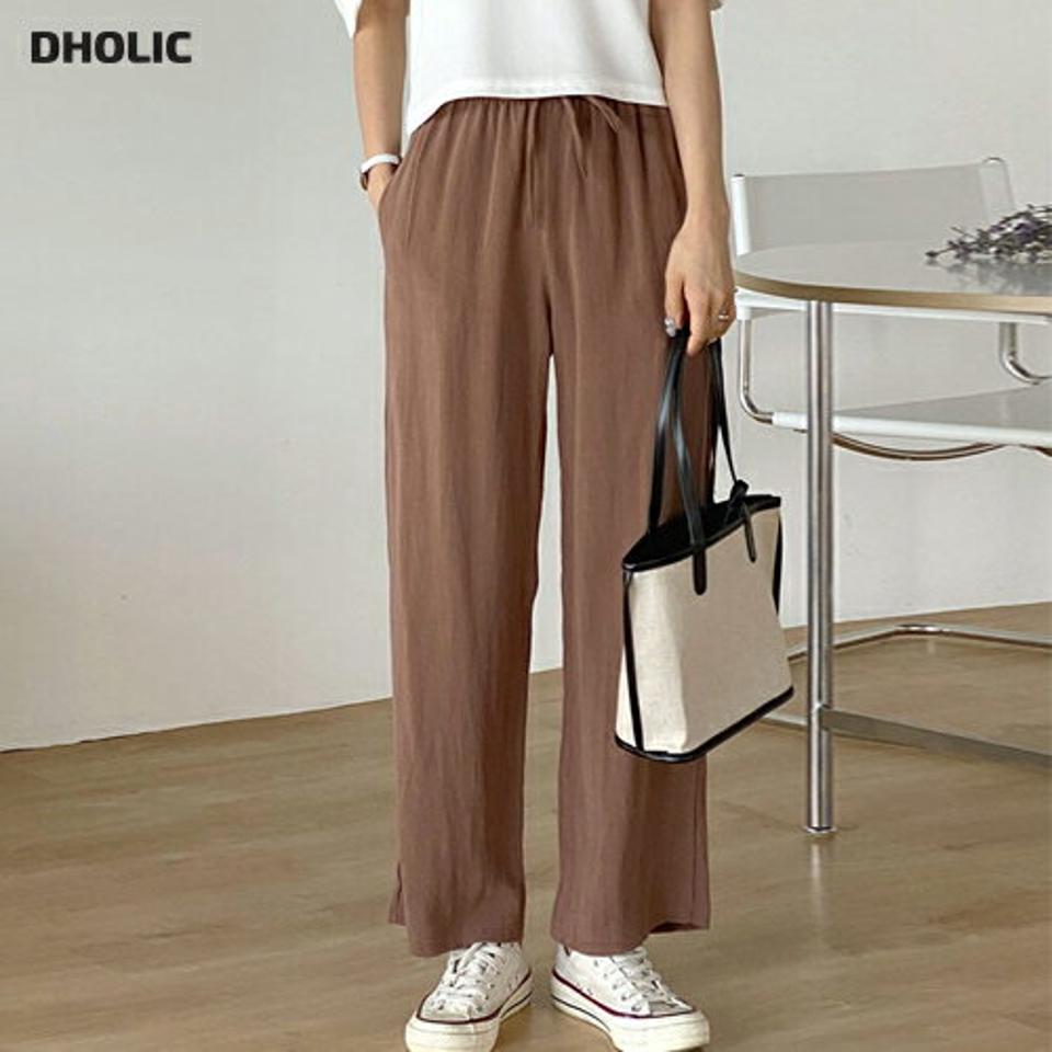 リネン混ドロストワイドパンツ・t00878 レディース 【pt】 韓国ファッション ボトムス パンツ ロング丈 ハイウエスト ドロスト リボン ストラップ ワイド ルーズフィット リネン混 無地 シンプル デイリー 春 夏 カジュアル