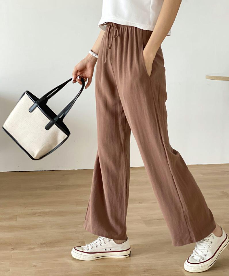 リネン混ドロストワイドパンツ・t00878 レディース 【pt】 韓国ファッション ボトムス パンツ ロング丈 ハイウエスト ドロスト リボン ストラップ ワイド ルーズフィット リネン混 無地 シンプル デイリー 春 夏 カジュアル