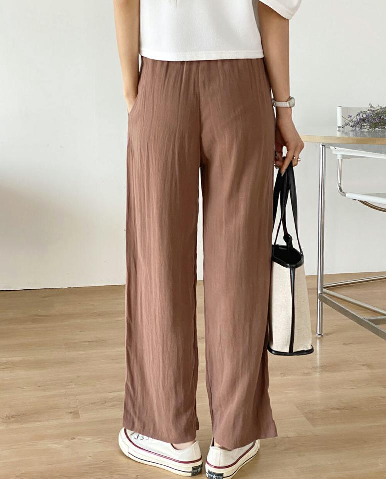 リネン混ドロストワイドパンツ・t00878 レディース 【pt】 韓国ファッション ボトムス パンツ ロング丈 ハイウエスト ドロスト リボン ストラップ ワイド ルーズフィット リネン混 無地 シンプル デイリー 春 夏 カジュアル