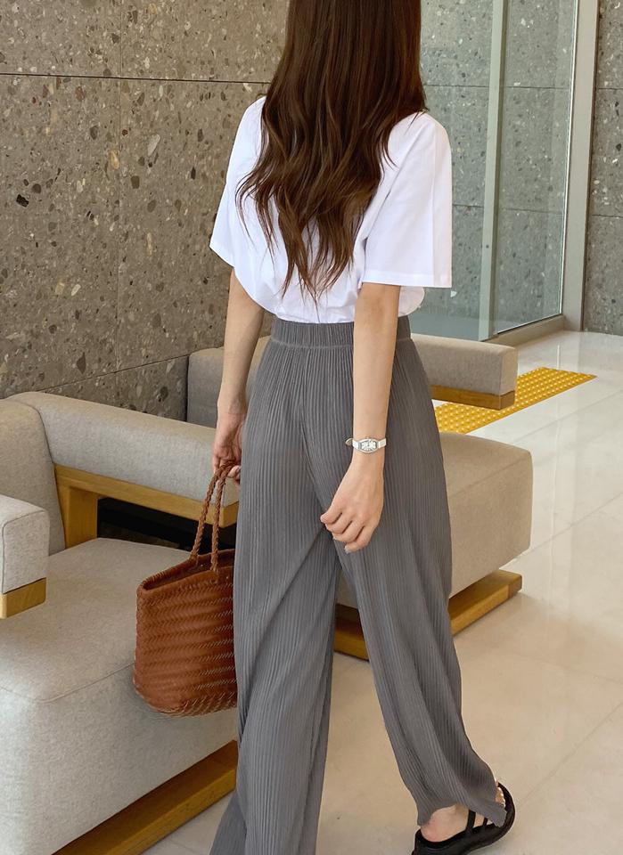 プリーツワイドパンツ・t00879 レディース 【pt】 韓国ファッション ボトムス パンツ ロング丈 フルレングス ハイウエスト プリーツ ワイド ルーズフィット イージー ウエストゴム 無地 デイリー 春 夏 カジュアル