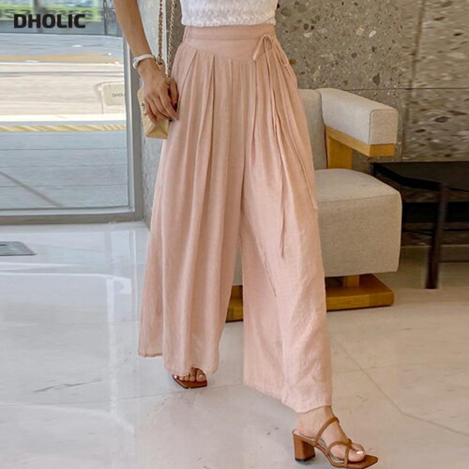 リボンワイドフレアパンツ・t00880 レディース 【pt】 韓国ファッション ボトムス パンツ ロング丈 ハイウエスト リボン ストラップ ギャザー フレア ワイド ルーズ レーヨン混 無地 パステル デイリー 春 夏 カジュアル