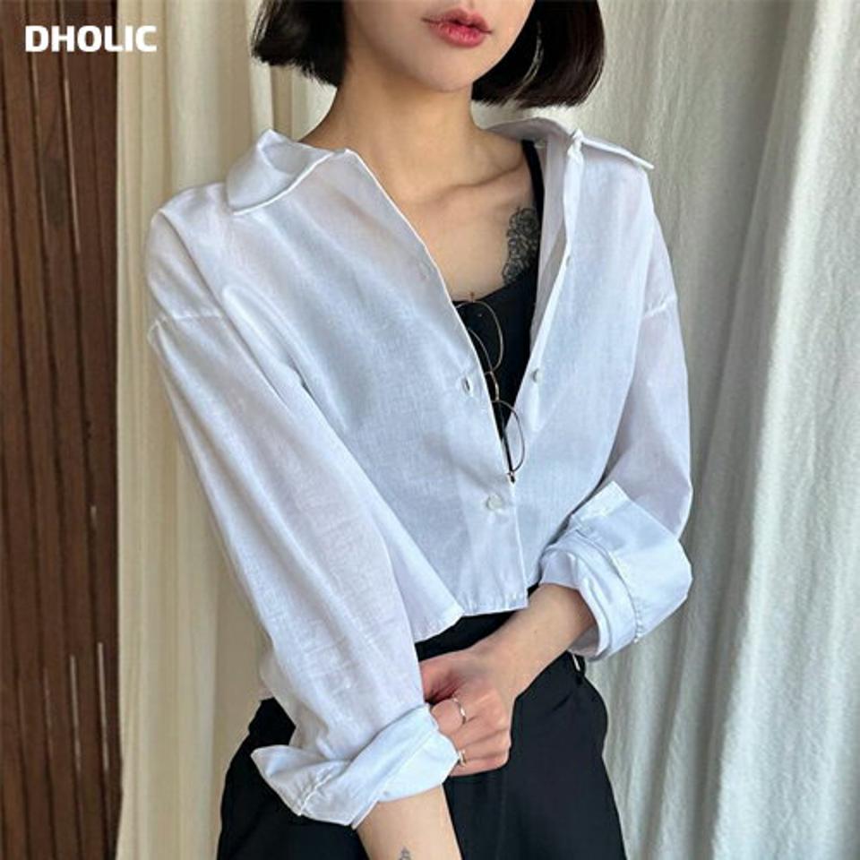 クロップドバックスリットシャツ・p005407 レディース 【bl】 韓国ファッション トップス シャツ カラーネック 長袖 ドロップショルダー クロップドシャツ バックスリット ルーズ コットン 無地 ストリート 大人 春 夏 カジュアル MKT