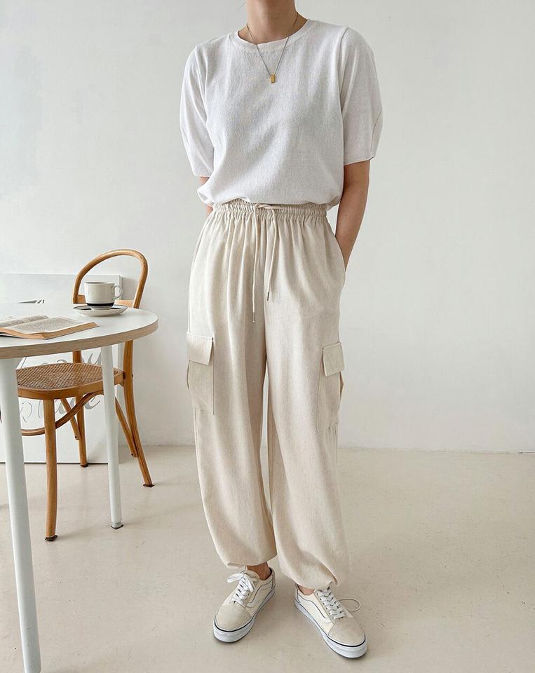 2WAYリネン混カーゴパンツ・p005236 レディース 【pt】 韓国ファッション ボトムス パンツ ロング丈 ハイウエスト ドロストネック 2WAY ジョガー ストレート カーゴポケット リネン混 無地 ストリート Y2K 春 夏 カジュアル MKT