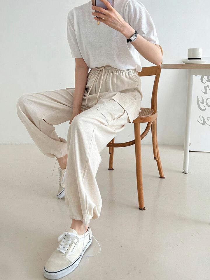 2WAYリネン混カーゴパンツ・p005236 レディース 【pt】 韓国ファッション ボトムス パンツ ロング丈 ハイウエスト ドロストネック 2WAY ジョガー ストレート カーゴポケット リネン混 無地 ストリート Y2K 春 夏 カジュアル MKT