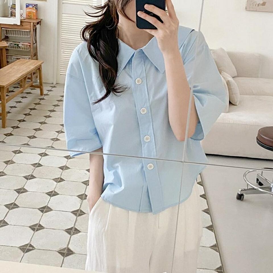 【マラソン特価】ビッグカラーバックギャザーシャツ・p005442 レディース 【bl】 韓国ファッション トップス シャツ カラーネック ビッグカラー バックギャザー ミドル丈 半袖 ルーズフィット ゆったり コットン 無地 ガーリー デイリー 春 夏 カジュアル MKT