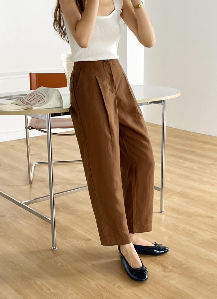 【送料無料・メール便】リネン混タックボタンスラックス・u72336 レディース 【pt】ボトムス パンツ スラックス リネン テンセル混紡 ワイド ハイウエスト ストレート 無地 単色 シンプル ベーシック カジュアル 春 夏 韓国ファッション【UB3】