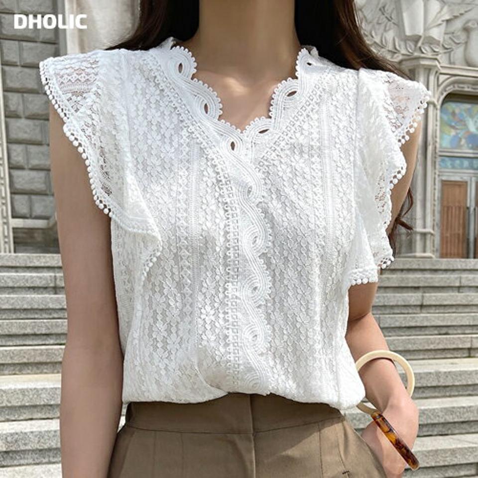 レースVネックフリルノースリーブ・b01186 レディース 【tops】 韓国ファッション トップス Vネック カシュクール ノースリーブ スカラップヘム レースヘム フリル シアー ナチュラルライン フェミニン お出かけ 春 夏 カジュアル