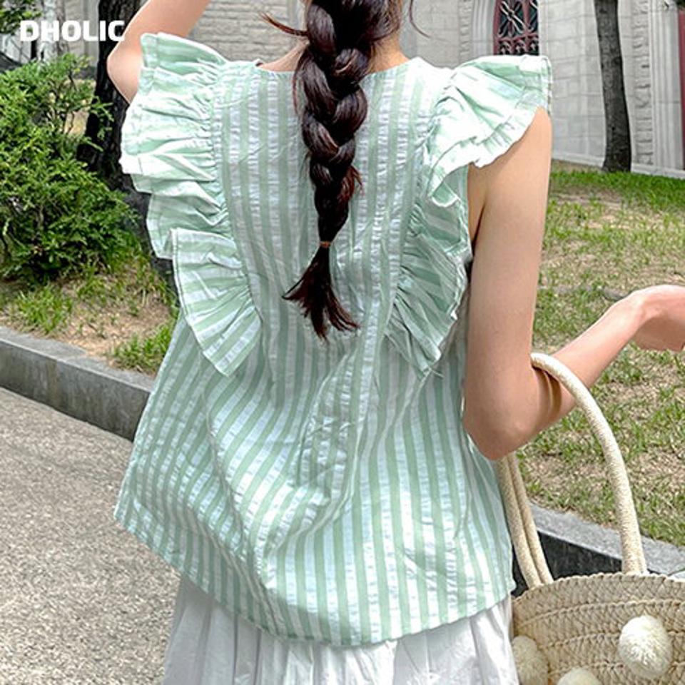 ストライプフリルノースリーブ・b01187 レディース 【tops】 韓国ファッション トップス ラウンドネック ノースリーブ フリル ストライプ 股丈 ボリューム フレア コットン パステル キュート ガーリー お出かけ 春 夏 カジュアル