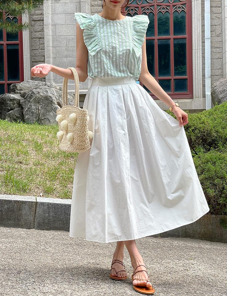 ストライプフリルノースリーブ・b01187 レディース 【tops】 韓国ファッション トップス ラウンドネック ノースリーブ フリル ストライプ 股丈 ボリューム フレア コットン パステル キュート ガーリー お出かけ 春 夏 カジュアル