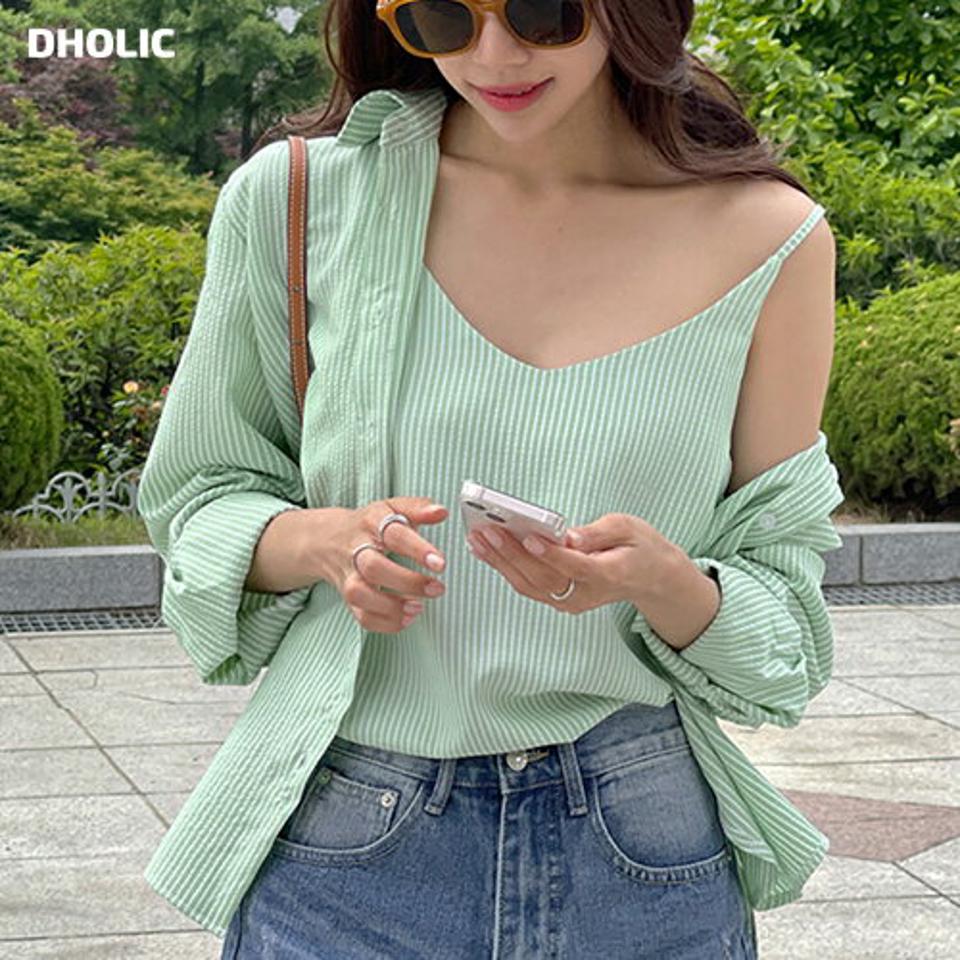 ピンストライプキャミ&シャツSET・t01203 レディース 【tops】 韓国ファッション トップス アンサンブル キャミソール Vネック 股丈 ピンストライプ シャツ 長袖 ラウンドヘム 薄手 ルーズフィット パステル デイリー 春 夏 カジュアル