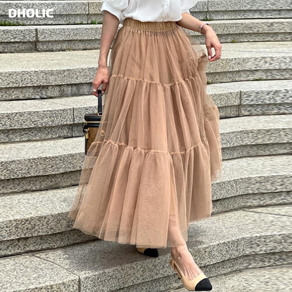 シアーティアードスカート・b01217 レディース 【sk】 韓国ファッション ボトムス スカート ロング丈 マキシ丈 ウエストゴム ティアード シアー フレア Aライン ボリューム 無地 ガーリー フェミニン ラブリー 春 夏 カジュアル
