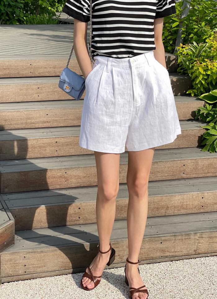 リネン混タックショートパンツ・t01218 レディース 【pt】 韓国ファッション ボトムス パンツ ショート丈 ハイウエスト タック ポケット リネン混 ワイドヘム ストレート 無地 シンプル モード 大人カジュアル デイリー 春 夏 カジュアル
