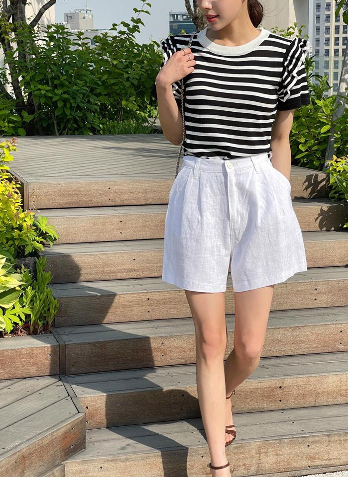 リネン混タックショートパンツ・t01218 レディース 【pt】 韓国ファッション ボトムス パンツ ショート丈 ハイウエスト タック ポケット リネン混 ワイドヘム ストレート 無地 シンプル モード 大人カジュアル デイリー 春 夏 カジュアル