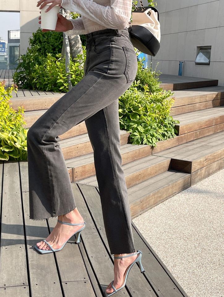 イージーグレーフレアデニムパンツ・b01223 レディース 【pt】 韓国ファッション ボトムス パンツ デニムパンツ デニム ロング丈 ハイウエスト イージー グレー フレア スリムフィット 伸縮 コットン混 無地 レトロ フェミニン 春 夏 カジュアル