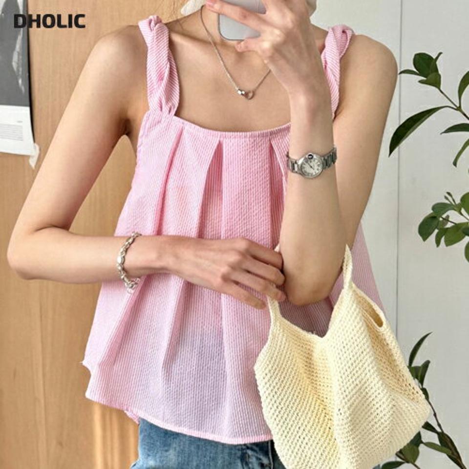 ストライプタックノースリーブ・p005469 レディース 【tops】 韓国ファッション トップス スクエアネック ノースリーブ ショート丈 ツイストショルダー ストライプ タック フレア ゆったり コットン混 ガーリー お出かけ 春 夏 カジュアル MKT